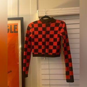 Zara Orange and brown checkered Zip up sz S